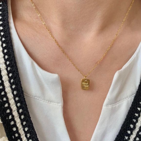 18K Gold Plated Minimalistic Dainty Tag Good Luck Charm Necklace - Picture 2 of 7